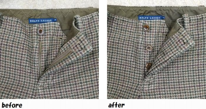 ダブルアールエル　RRL Ralph Lauren　ツイードパンツ　ボタンフライへのお直し